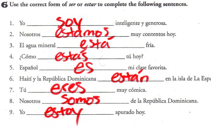 Gramatica the verb estar worksheet answers