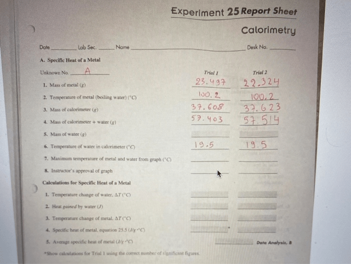 Experiment 25 report sheet calorimetry